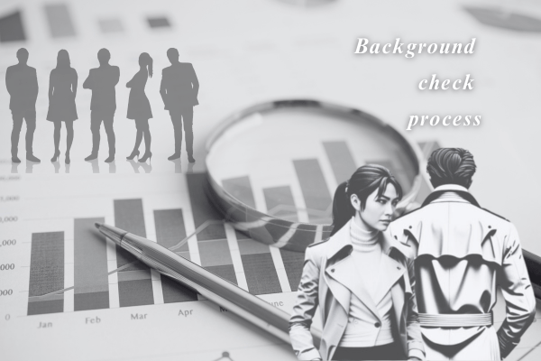 Yクリスタル探偵社のウェブサイト『身辺調査』ページ。『BACKGROUND CHECK PROCESS』というタイトルとともに、多様な人物のシルエットとグラフが表示された画像。個人の詳細な背景情報（家族構成、犯罪歴、資産など）を徹底的に調査し、分析するプロセスを表現。