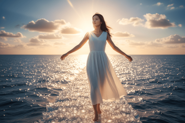 夕日の海上に広がるクリスタルの道を、白いドレスの女性が両腕を広げて歩く姿