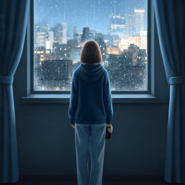 雨の夜、窓の外の街並みをぼんやりと見つめる女性の後ろ姿。孤独な悩みを抱え、一歩踏み出せない気持ちを表現しています。