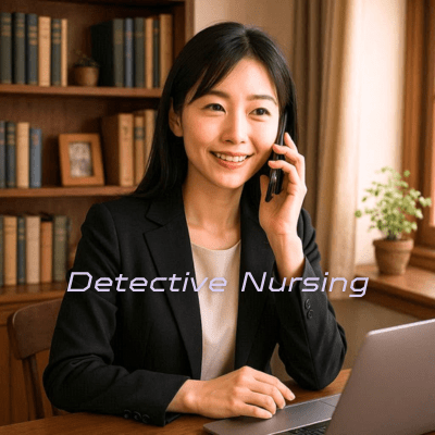 パソコンを前に座り、電話で話しているアジア系の女性。彼女の横には「Detective Nursing」というサービス名が配置されており、親しみやすい笑顔を浮かべている。
