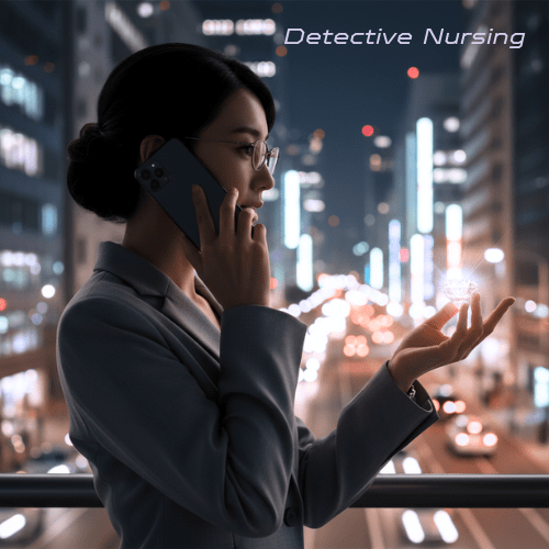 夜のオフィス街のビルを背景に、電話で話している30代くらいの女性が写っている。彼女は片手に光る小さなクリスタルダイヤモンドを乗せている。画像の左上には、白い文字で「Detective Nursing」と書かれている。
