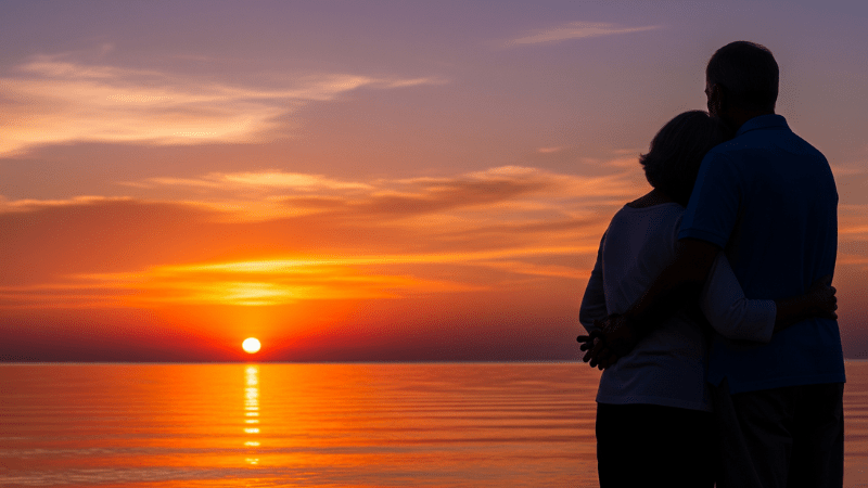 夕焼けの美しい海辺で、寄り添いながら夕日を眺める熟年夫婦の後ろ姿