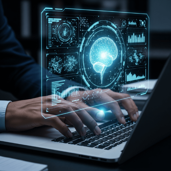 Yクリスタル探偵社の最先端技術調査を象徴する画像。AI分析を示すホログラムの脳とデータ画面が、ノートPCを操作する手元に表示されている。