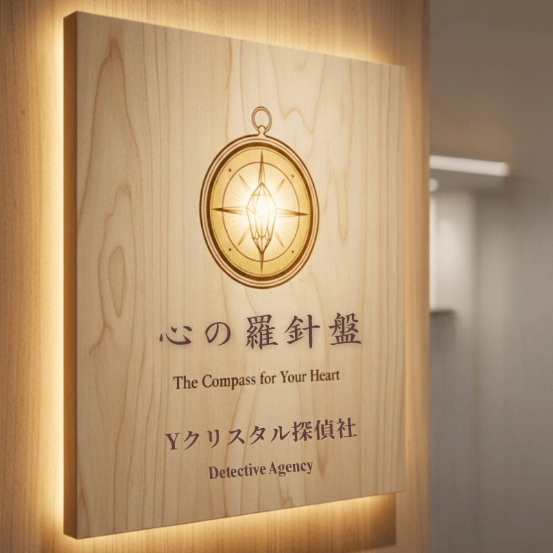 Yクリスタル探偵社の内看板。「心の羅針盤」の文字と、羅針盤のイラストがデザインされた温かみのある木目調の看板。