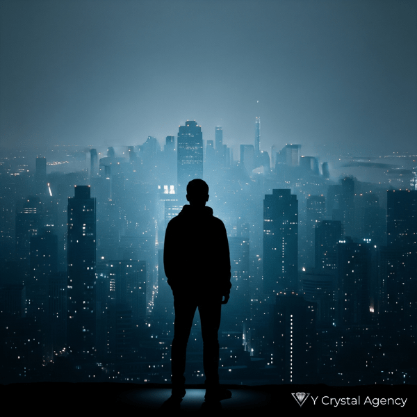 都会の夜景を背景に、一人で立つ男性のシルエット。大手探偵社とは一線を画す、Yクリスタル探偵社の誠実さと本物のプロフェッショナルを象徴する画像。
