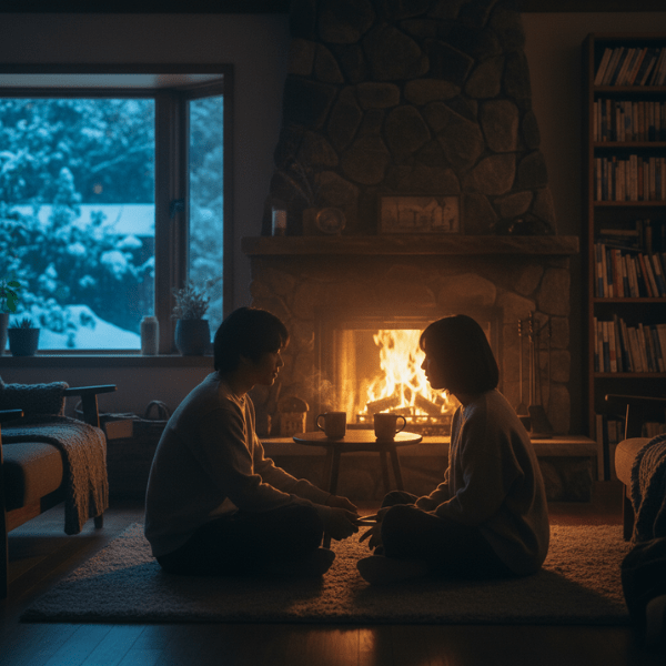 暖炉の前で向き合い、関係修復の対話をする二人。Yクリスタル探偵社がサポートする新しい人生。