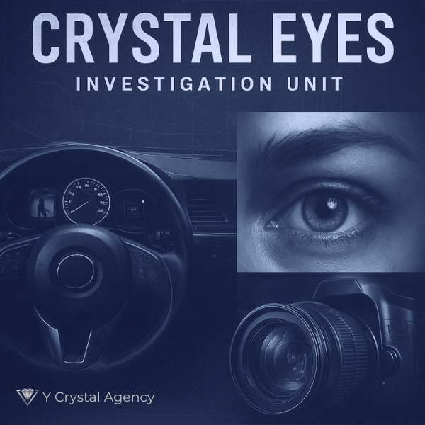 車内からカメラを構える探偵の画像。調査の決意と「CRYSTAL EYES」のコンセプトを表現。