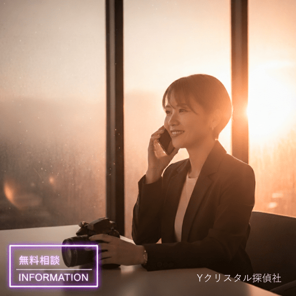 夕日が差し込むオフィスで電話対応をする女性(無料相談・Yクリスタル探偵社の表示あり)