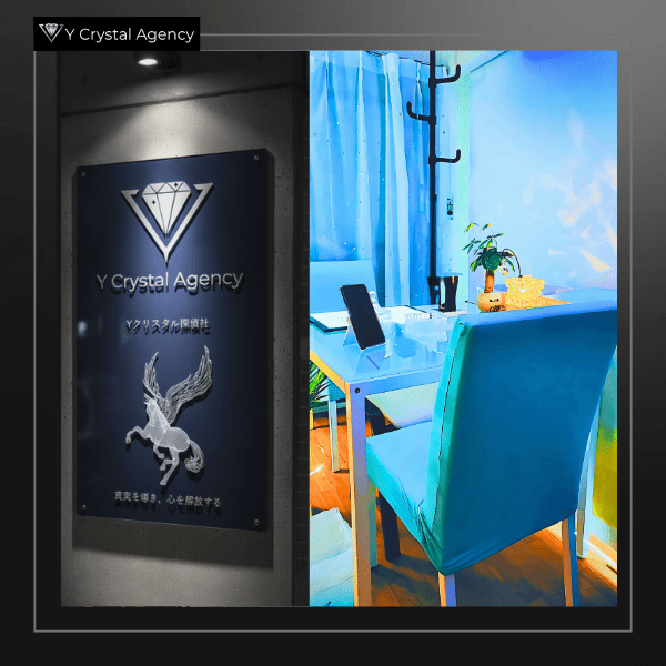 Y Crystal Agencyのロゴとシンボルマーク。水色の椅子と透明なテーブルがある清潔感のある相談スペースが写る。お客様を迎え入れる安心の空間を表現。