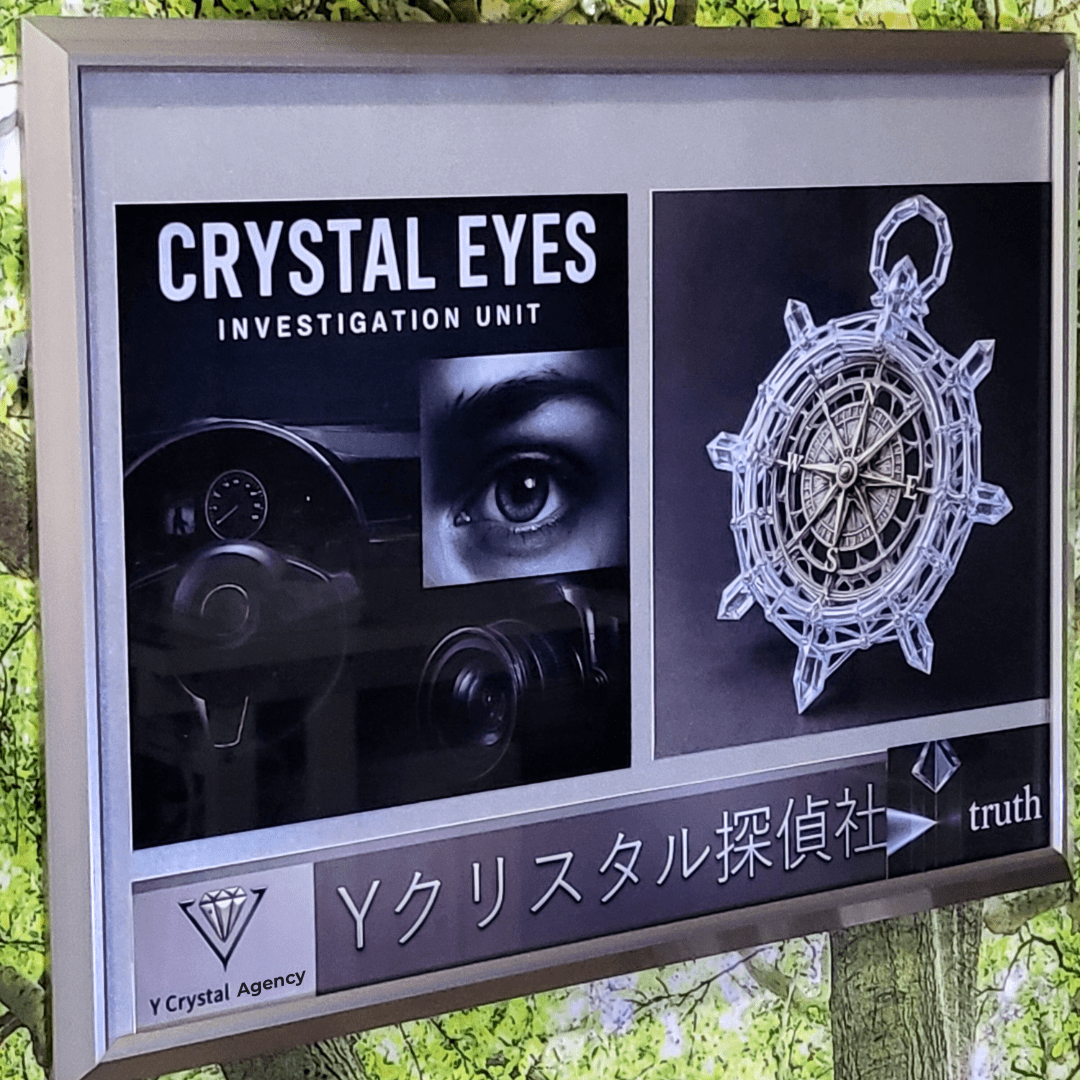 黒い背景に、車のハンドルと、鋭い目を持つ人の顔、そしてカメラがコラージュされている。その横には、クリスタルで作られた複雑なコンパスが描かれており、白い文字で「CRYSTAL EYES INVESTIGATION UNIT」と書かれている。