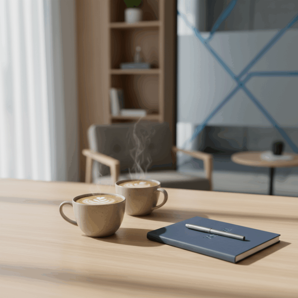 川越のYクリスタル探偵社における、心のケアを重視した安心の相談風景。木製のデスクに置かれた温かいコーヒーとノート。