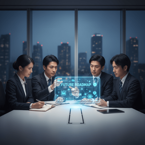 ライフプランと未来設計図（ロードマップ）を囲む日本人専門家（弁護士・経営コンサルタント）によるトータルサポートのイメージ