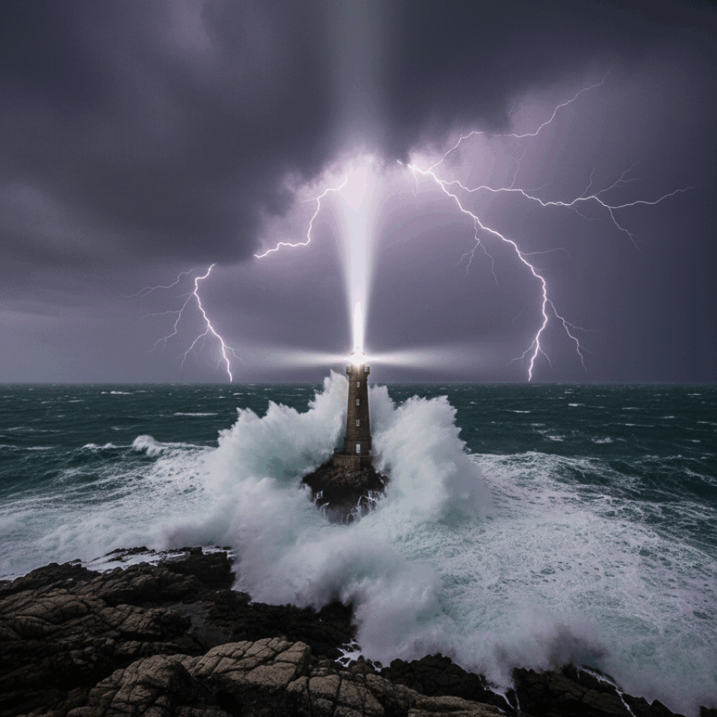 荒波と雷鳴の中、力強く光を放ち真実の道を示す灯台。探偵としての信念とプロ意識を象徴するイメージ。