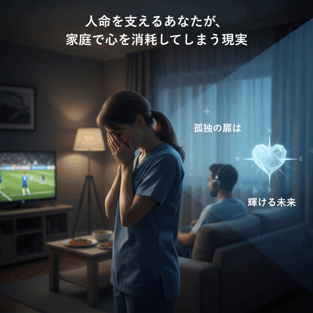 看護師・介護士の女性が夜勤後に帰宅し、家庭内で孤独と疲弊を感じている様子。夫は別のことをしており、二人の間にはクリスタル状の羅針盤が輝き、新たな未来への希望を指し示している。