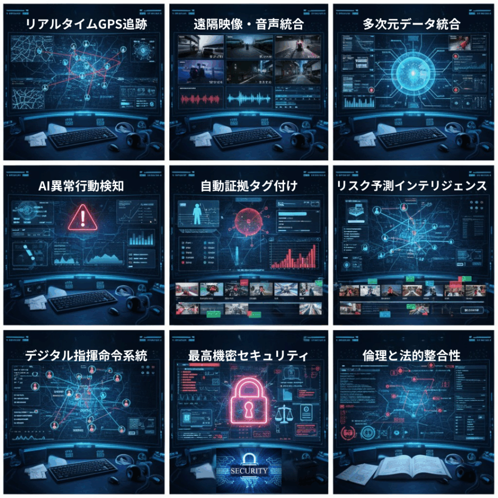 Yクリスタル探偵社のAI司令室が持つ9つの主要機能を示す画像。リアルタイムGPS追跡、遠隔映像・音声統合、多次元データ統合、AI異常行動検知、自動証拠タグ付け、リスク予測インテリジェンス、デジタル指揮命令系統、最高機密セキュリティ、倫理と法的整合性の各機能がアイコンとテキストで視覚的に表現されています。