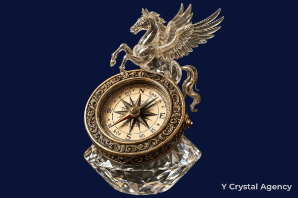 クリスタルダイヤの台座の上に真実へ導くコンパスと次の未来まで寄り添うクリスタルのペガサスのシンボル - Yクリスタル探偵社