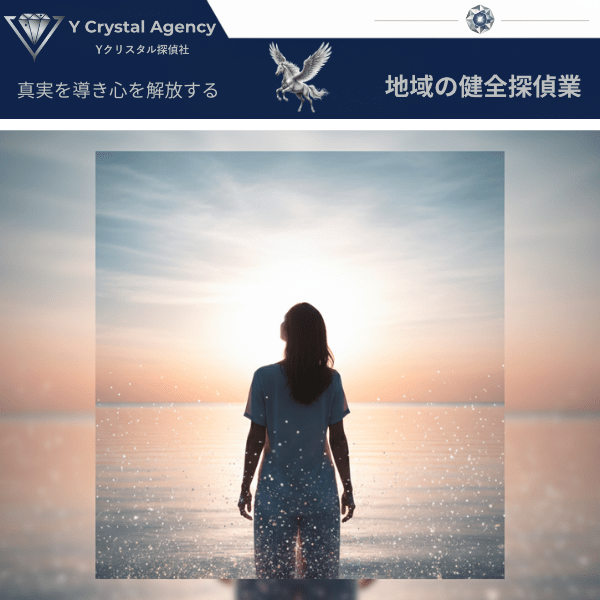 Detective Nursing®の象徴。水辺に立ち、夕日に向かって顔を上げている女性のシルエット。心の傷を解放し、未来へ踏み出す希望を表現。