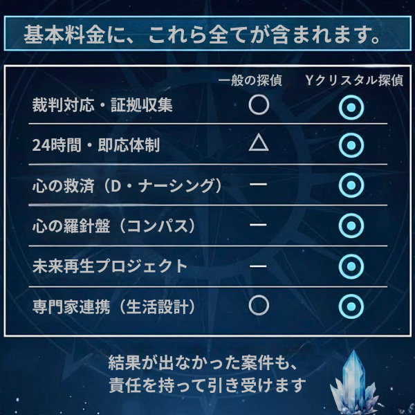 基本料金に含まれるサービス比較表。裁判対応、24時間体制、心の救済（D・ナーシング）、心の羅針盤（コンパス）、未来再生、専門家連携のすべてが◎（標準装備）であることを示し、下部には「結果が出なかった案件も、責任を持って引き受けます」というメッセージが添えられています。