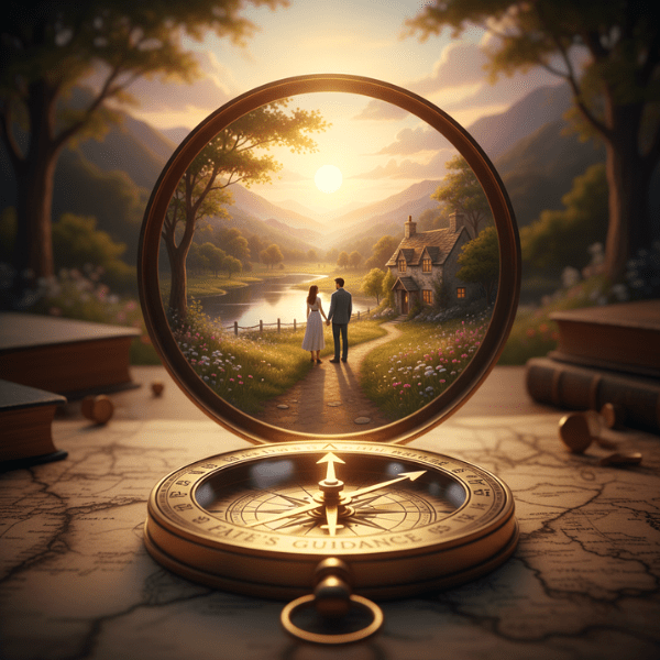 結婚前調査の重要性を象徴するイラスト。コンパスが明るい未来の光を指し、情報に基づいた確かな決断によって、後悔のない人生の方向性を定める。