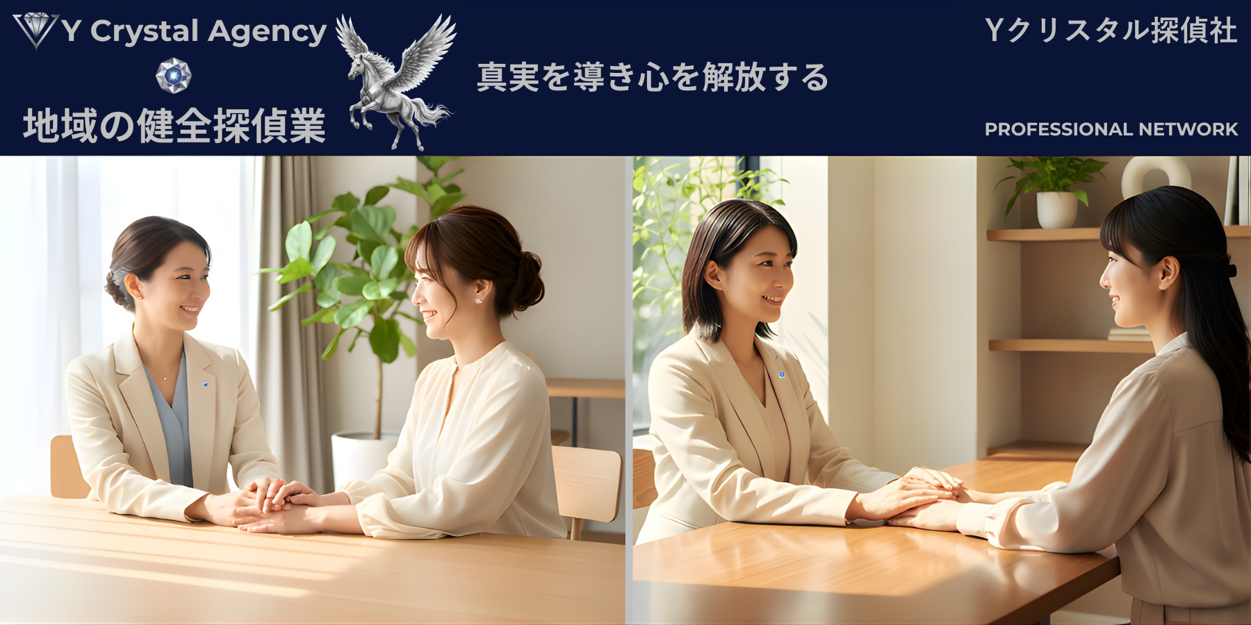 Yクリスタル探偵社の企業理念。専門の探偵と心のケアを担うスタッフが、依頼者に安心な未来を提供し、真実を導き心を解放するサービスを示す高解像度画像。
