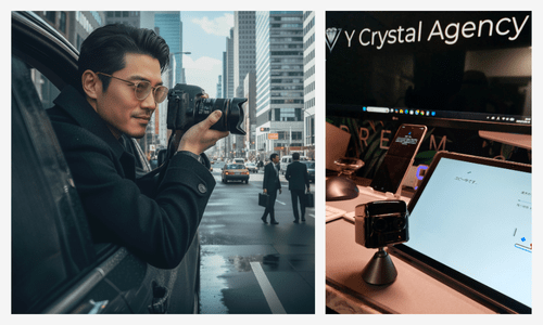 ビジネス街による張り込み風景と遠隔カメラとモニター画像