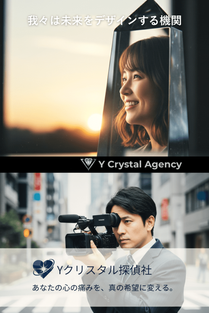 我々は未来をデザインする機関。クリスタル内に浮かぶ笑顔の女性と、彼女の未来を守る調査員の融合ビジュアル。