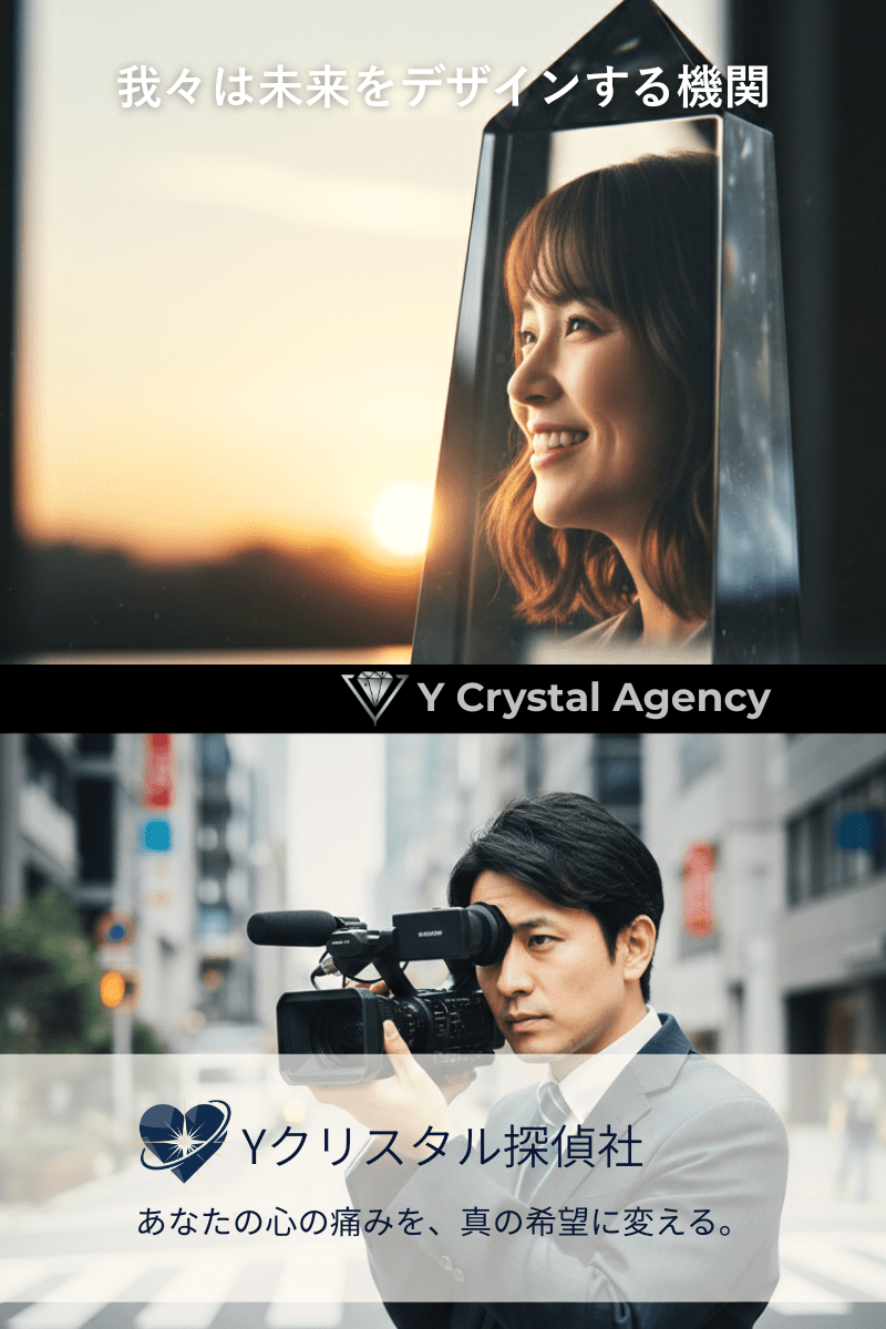 我々は未来をデザインする機関。クリスタル内に浮かぶ笑顔の女性と、彼女の未来を守る調査員の融合ビジュアル。