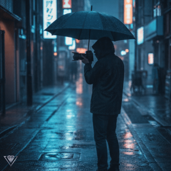 傘をさし、雨や逆境の中でも静かに証拠を記録する素行調査員。