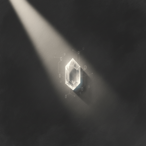 Yクリスタル探偵社の理念を象徴する抽象イラスト。暗闇の中で、クリスタル構造（真実）が柔らかい光に照らされ、心の傷が癒え、未来が再生される過程を表現。