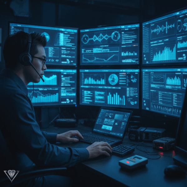 デジタル画面の前で作業するプロの調査員。最先端技術を駆使したデジタルフォレンジック。