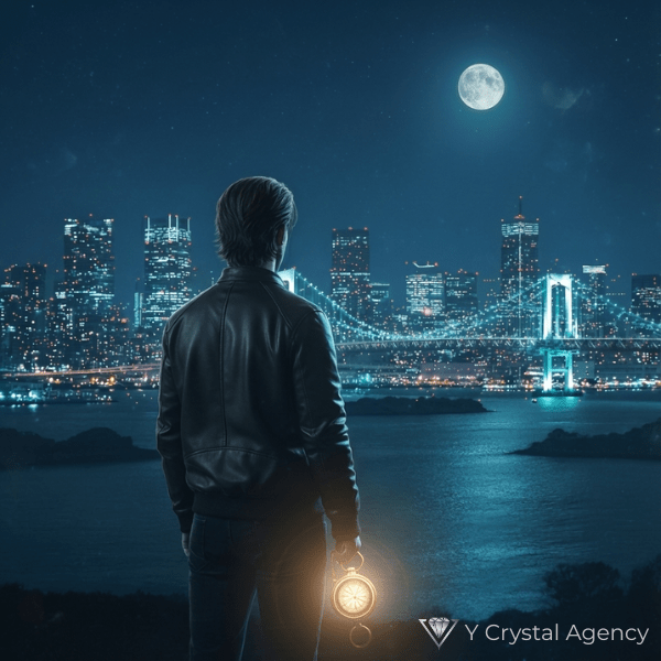 夜の都会の景色を背に、羅針盤を手に持つ探偵の男性の後ろ姿。羅針盤の光が、お客様の未来を照らす様子を表現しています。