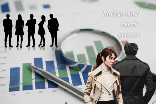 Yクリスタル探偵社のウェブサイト『身辺調査』ページ。『BACKGROUND CHECK PROCESS』というタイトルとともに、多様な人物のシルエットとグラフが表示された画像。個人の詳細な背景情報（家族構成、犯罪歴、資産など）を徹底的に調査し、分析するプロセスを表現。