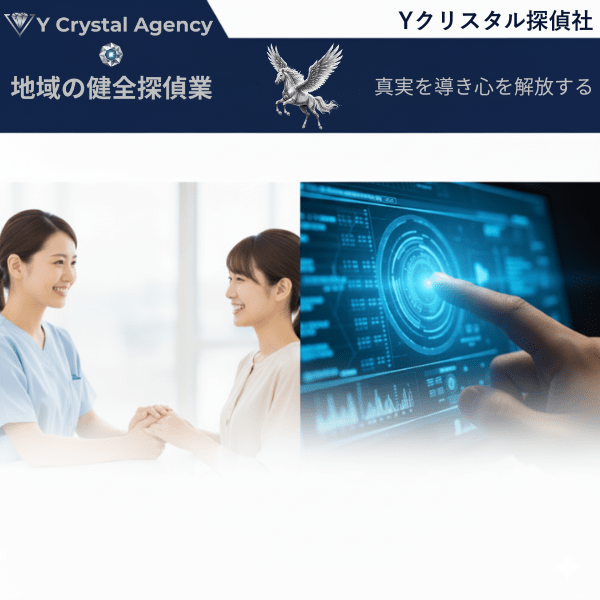 Yクリスタル探偵社の総合サービス誘導バナー。左側は温かい心のケア（探偵看護）、右側は確実な技術調査を象徴し、真実の解明と心の解放の両方を提供する、お問い合わせへの最終誘導画像。