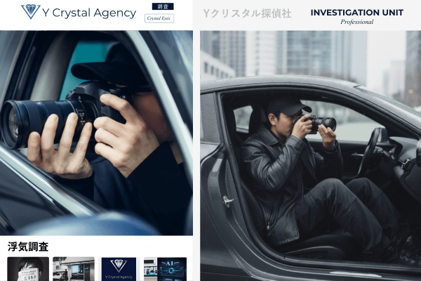 Yクリスタル探偵社のプロによる浮気調査現場のコラージュ。車内からの確実な証拠撮影と、街中に溶け込み尾行を行う調査員の様子。