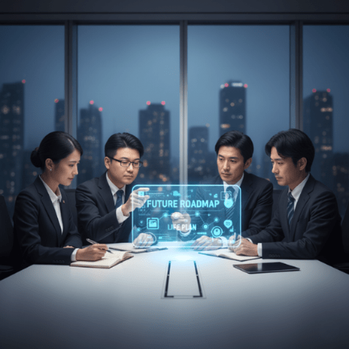 ライフプランと未来設計図（ロードマップ）を囲む日本人専門家（弁護士・経営コンサルタント）によるトータルサポートのイメージ