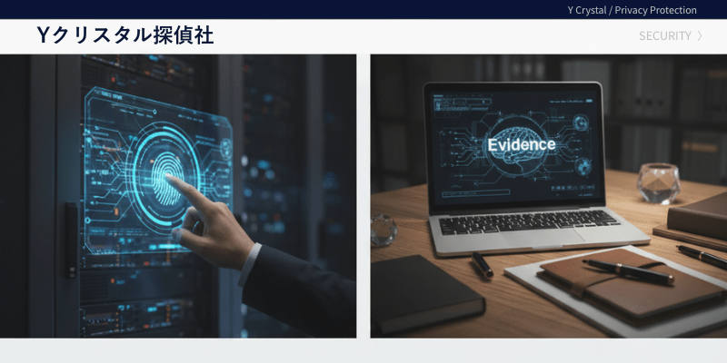 依頼者の秘密を厳重に守る、Yクリスタル探偵社のデジタルセキュリティとプライバシー保護システムのイメージ。