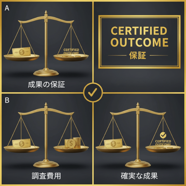 Yクリスタル探偵社の成功報酬制を象徴する画像。調査費用と確実な成果が釣り合い、「成果の保証」というメッセージで透明性と信頼感を訴求。
