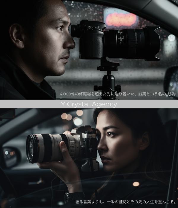 4,000件以上の現場を経験したベテラン男性調査員と救済の象徴である女性調査員の肖像。真実の証拠とその先の人生を重んじるYクリスタルエージェンシーの理念を象徴。