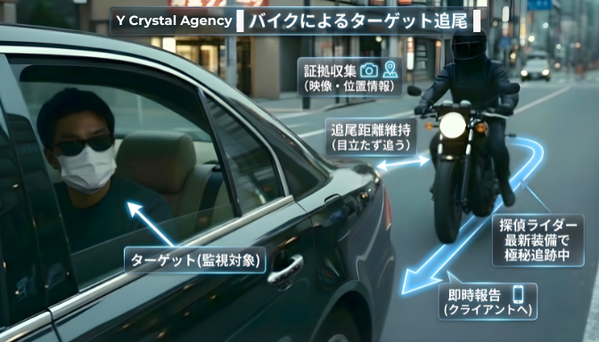 バイク追尾のインフォグラフィック形式による解説と説明図。