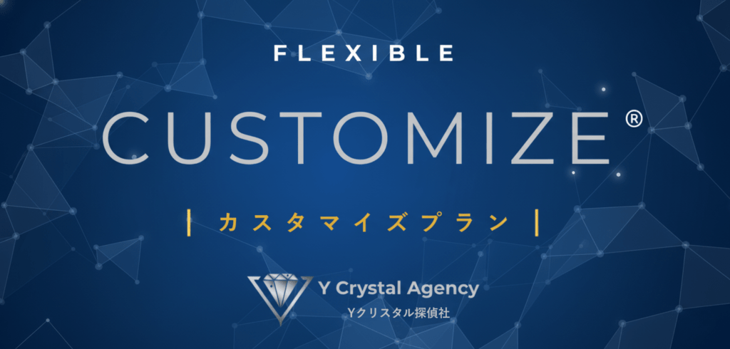 カスタマイズプランの背景。サファイアブルーの幾何学的なクリスタルパターンが、論理的な費用設計と調査における高い透明性を象徴する。