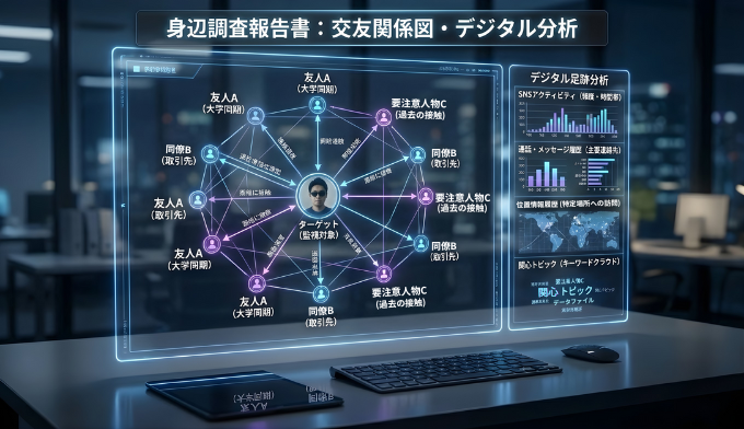 身辺調査に基づくあらゆる人物の交友関係がデジタルディスプレイに図解化されて緻密に分析している様子。