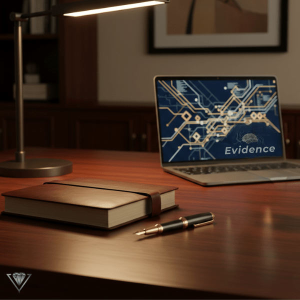 パソコン画面に表示された「EVIDENCE（証拠）」の文字と調査レポート。プロの探偵が提供する、裁判にも有効な確実な証拠のイメージ。