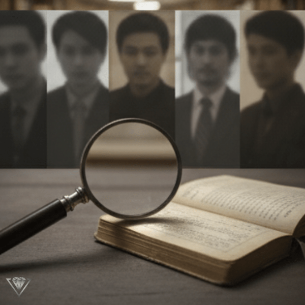 虫眼鏡で重要な資料の細部を確認する身辺調査の様子。緻密な情報収集。