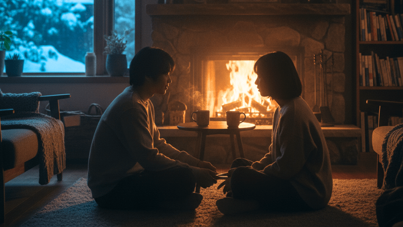 暖炉の前で向き合い、関係修復の対話をする二人。Yクリスタル探偵社がサポートする新しい人生。