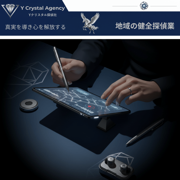 Yクリスタル探偵社のプロによる調査風景。最新機器（タブレット、ノートパソコン）とペンを使い、証拠を確実に記録する手元の様子。