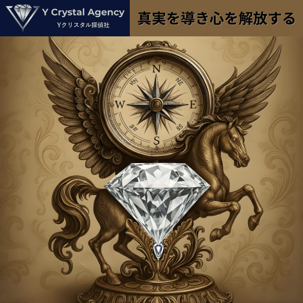Yクリスタル探偵社のブランドシンボルと哲学を表現したイラスト。「真実を導く」コンパスと、「心を開放する」ペガサスの翼を持つクリスタルオブジェ。