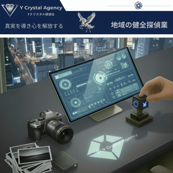 Yクリスタル探偵社の遠隔監視技術。遠隔カメラとタブレットで、専門家が状況を静かにモニターし、証拠を遠隔確認している様子。