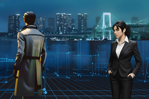 Yクリスタル探偵社の探偵が、デジタル構造で表現された都会を背景に、人物の本質と真実を追求するイメージ。
