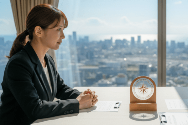 落ち着いた空間で、テーブル越しに向かい合い、真剣な表情で話し合う女性と、解決への対話を示す書類。関係修復か清算かの選択の瞬間。