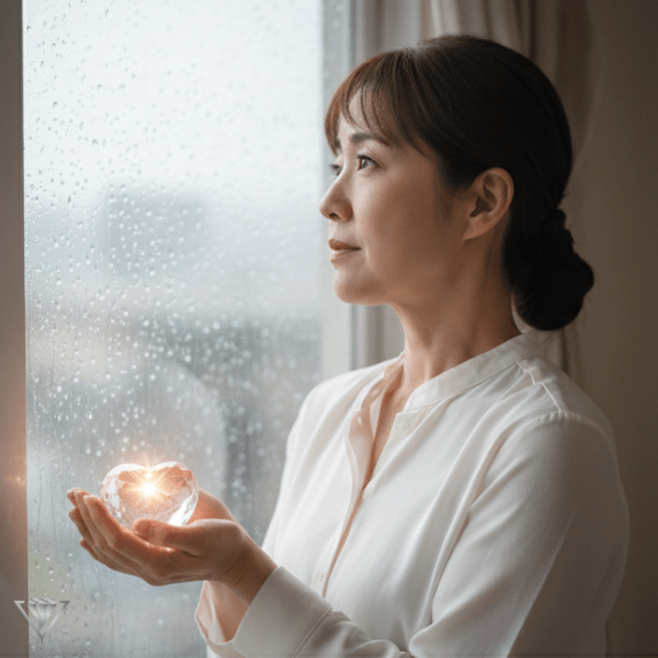 クリスタルハートのモチーフを持つ女性。心のケアと浮気調査の融合。